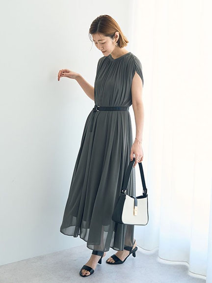 抓褶飄逸感可拆腰帶造型連身洋裝