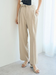 俐落打摺後鬆緊腰直筒長褲-附皮帶