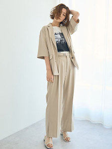 俐落打摺後鬆緊腰直筒長褲-附皮帶