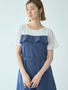 分層感荷葉邊寬袖腰帶造型連身洋裝