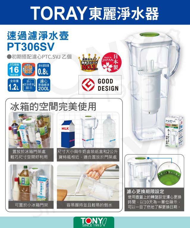 TORAY 東麗 PT306SV 日本製速過濾淨水壺(1.2L) + 濾心PTC.SV2J(2入裝)