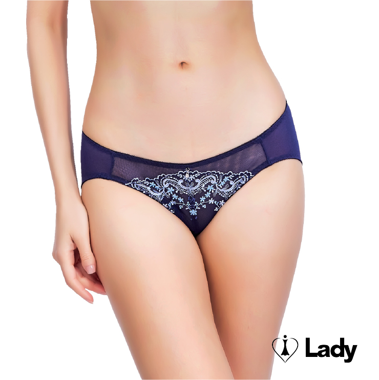 Lady 琉璃沁語系列 中腰 刺繡 蕾絲 三角褲 (輕舞藍)