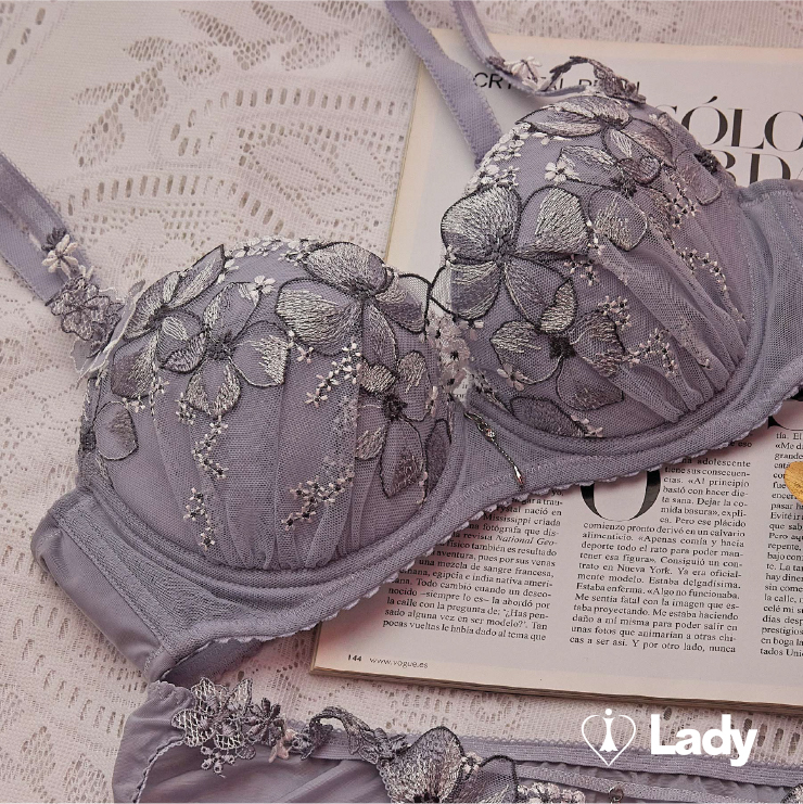 Lady 逐夢花影系列 B-F罩 法式 刺繡 蕾絲 內衣 (銀灰紫)