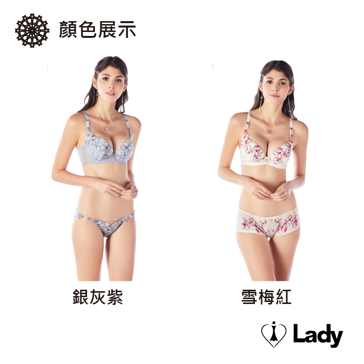 Lady 逐夢花影系列 刺繡 蕾絲 低腰 丁字褲 (銀灰紫)