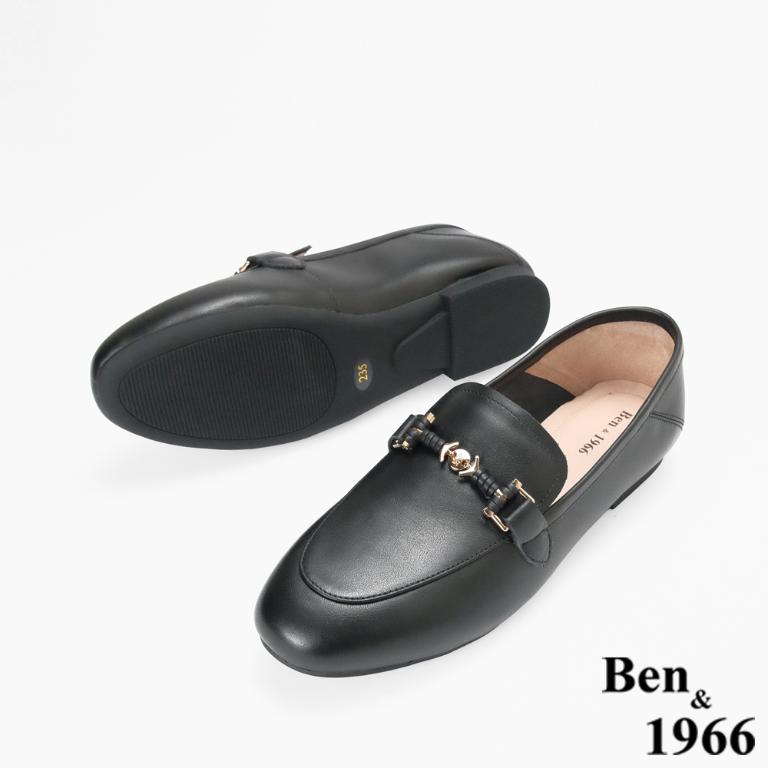 Ben&1966高級頭層牛皮舒適經典平底樂福鞋-黑(256521)