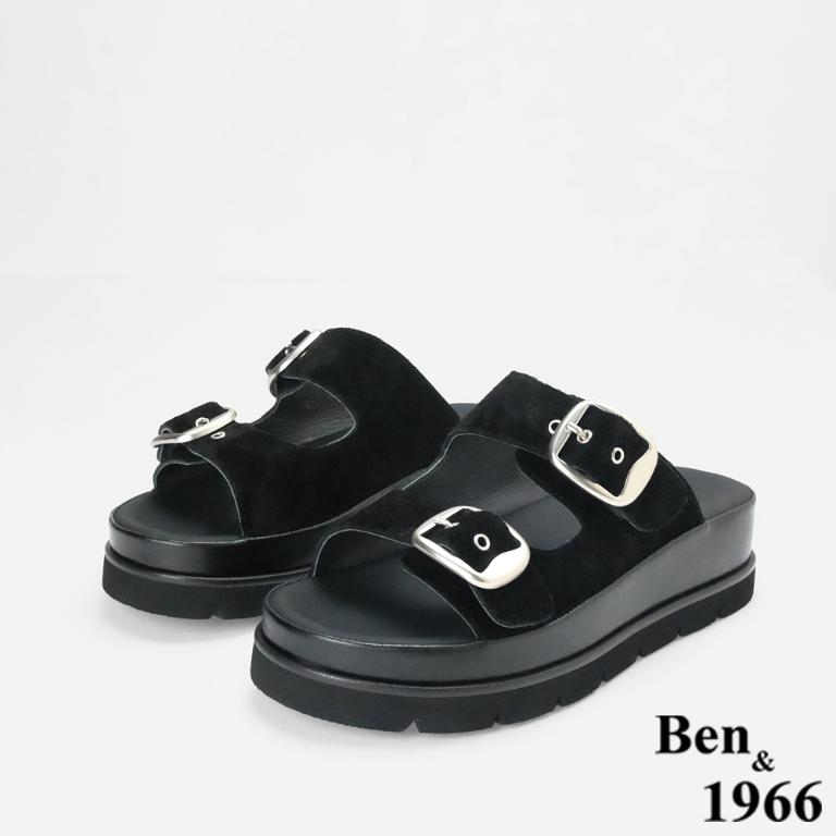 Ben&1966 高級頭層牛皮休閒百搭厚底拖鞋-黑(256091)