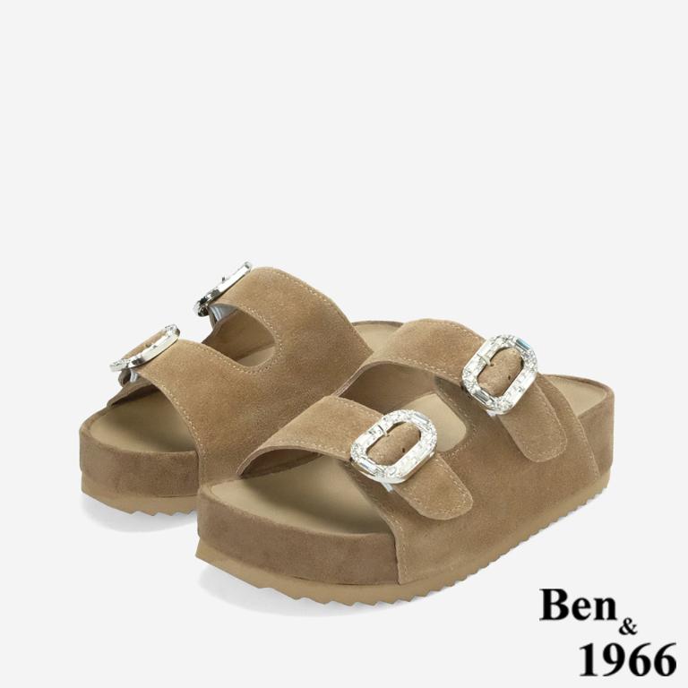 Ben&1966高級頭層牛皮厚底鑽釦休閒拖鞋-卡其(256492)