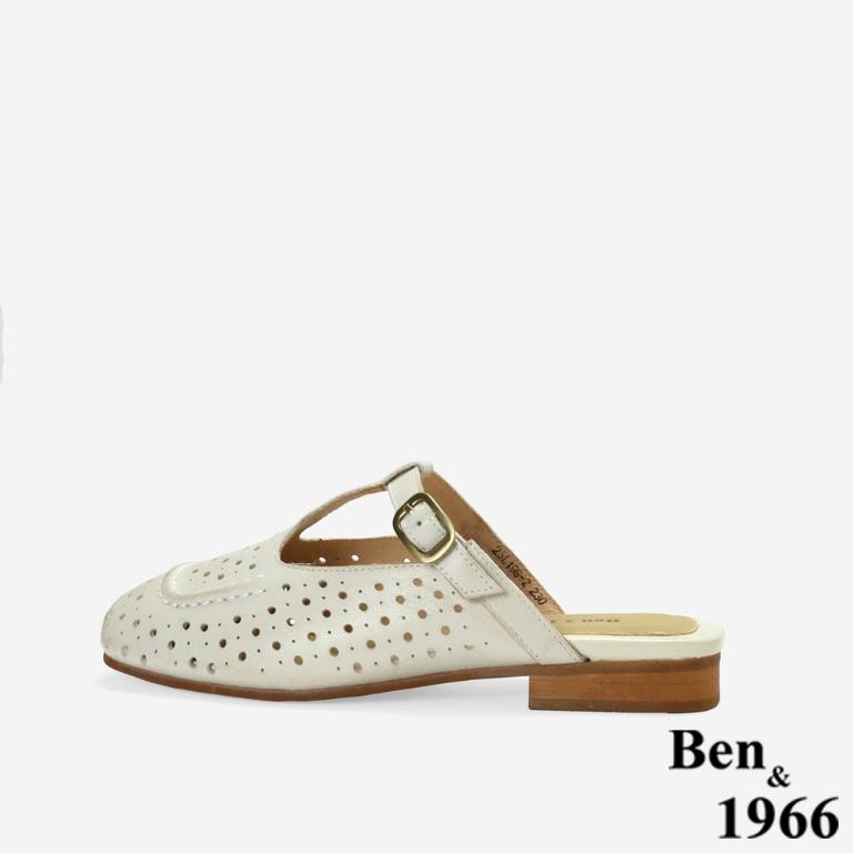 Ben&1966高級頭層打蠟羊皮沖孔復古穆勒鞋-米白(256342)
