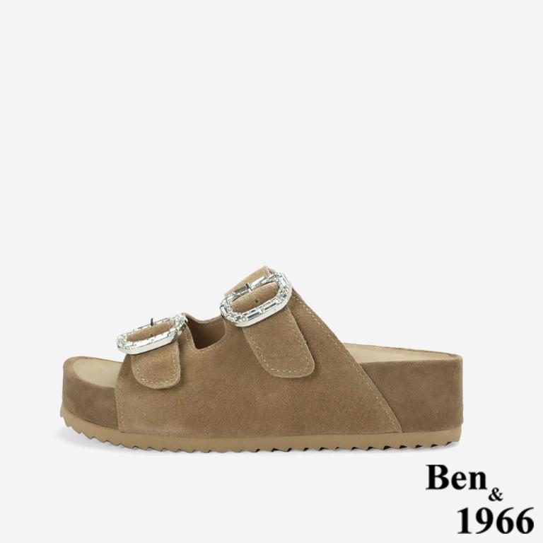 Ben&1966高級頭層牛皮厚底鑽釦休閒拖鞋-卡其(256492)