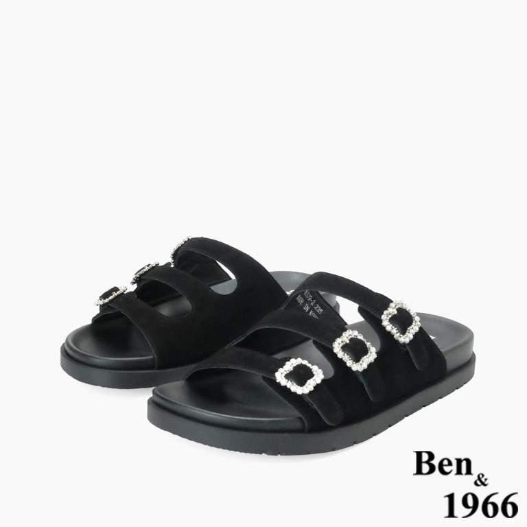 Ben&1966高級頭層牛皮經典鑽釦平底拖鞋-黑(256591)