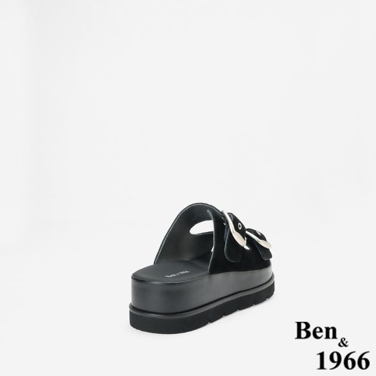 Ben&1966 高級頭層牛皮休閒百搭厚底拖鞋-黑(256091)
