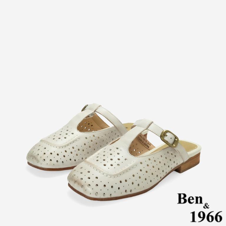 Ben&1966高級頭層打蠟羊皮沖孔復古穆勒鞋-米白(256342)