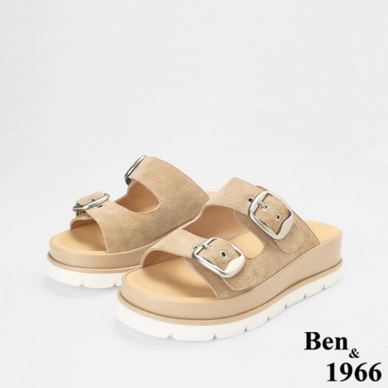 Ben&1966高級頭層牛皮休閒百搭厚底拖鞋-杏(256092)