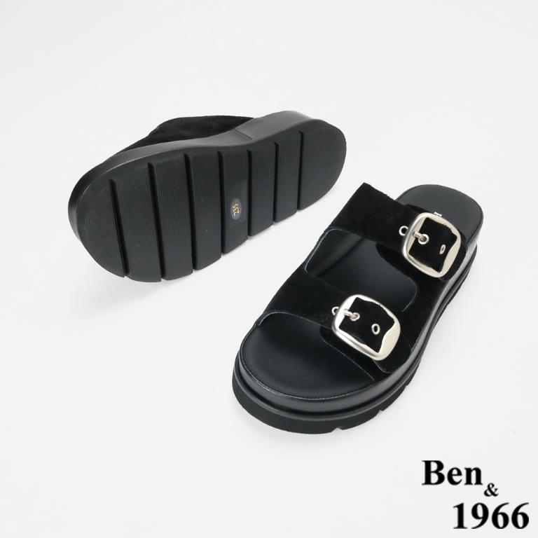 Ben&1966 高級頭層牛皮休閒百搭厚底拖鞋-黑(256091)