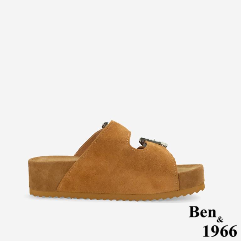 Ben&1966高級頭層牛皮厚底鑽釦休閒拖鞋-土黃(256491)