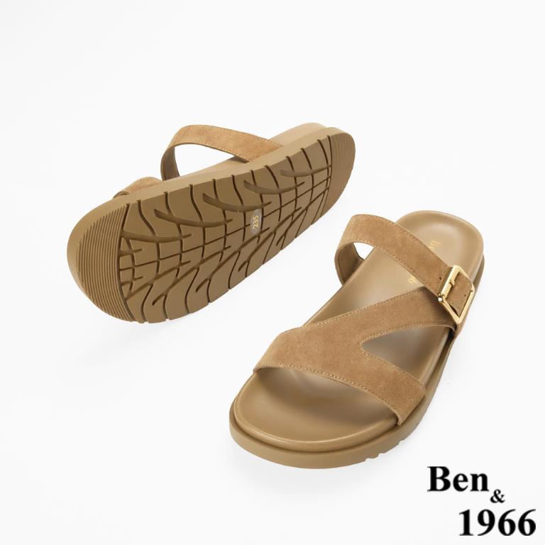 Ben&1966高級頭層牛皮休閒流行造型綁帶平底拖鞋-駝(256622)