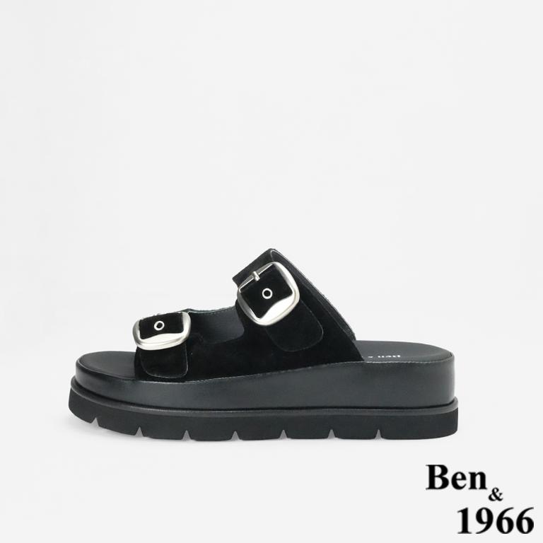 Ben&1966 高級頭層牛皮休閒百搭厚底拖鞋-黑(256091)