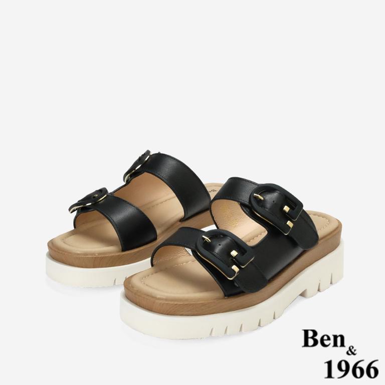 Ben&1966高級頭層牛皮休閒流行厚底拖鞋-黑(256081)