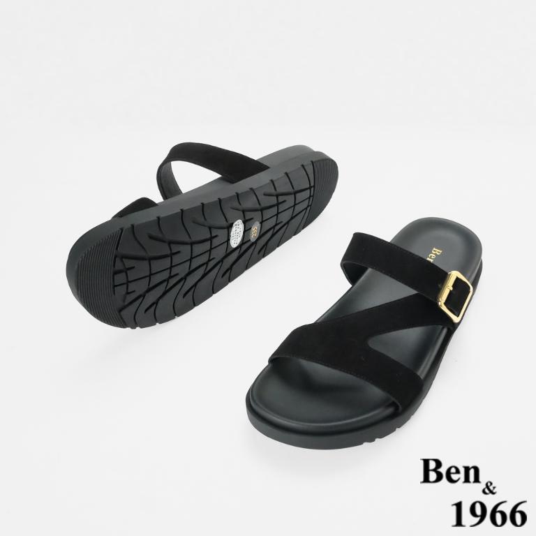 Ben&1966高級頭層牛皮休閒流行造型綁帶平底拖鞋-黑(256621)