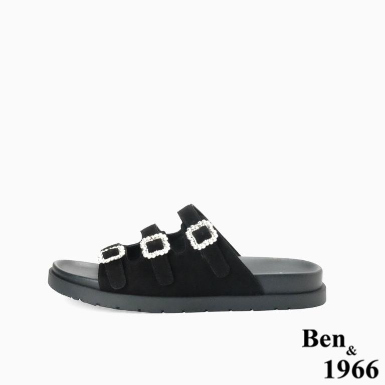 Ben&1966高級頭層牛皮經典鑽釦平底拖鞋-黑(256591)