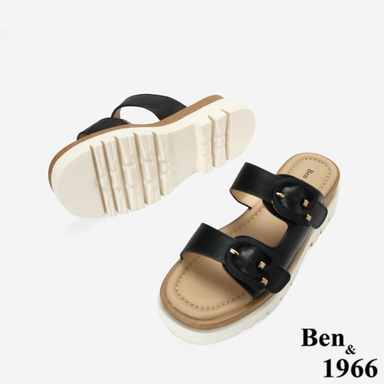 Ben&1966高級頭層牛皮休閒流行厚底拖鞋-黑(256081)