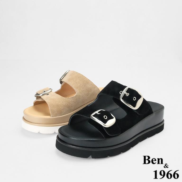 Ben&1966 高級頭層牛皮休閒百搭厚底拖鞋-黑(256091)