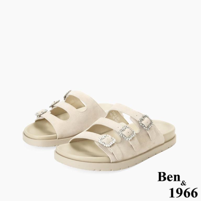 Ben&1966高級頭層牛皮經典鑽釦平底拖鞋-杏(256593)