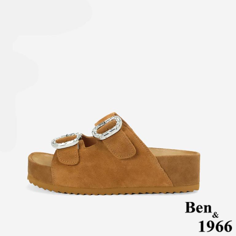 Ben&1966高級頭層牛皮厚底鑽釦休閒拖鞋-土黃(256491)