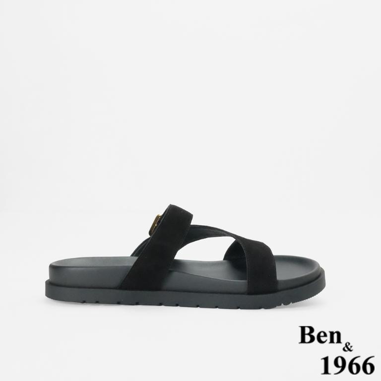 Ben&1966高級頭層牛皮休閒流行造型綁帶平底拖鞋-黑(256621)