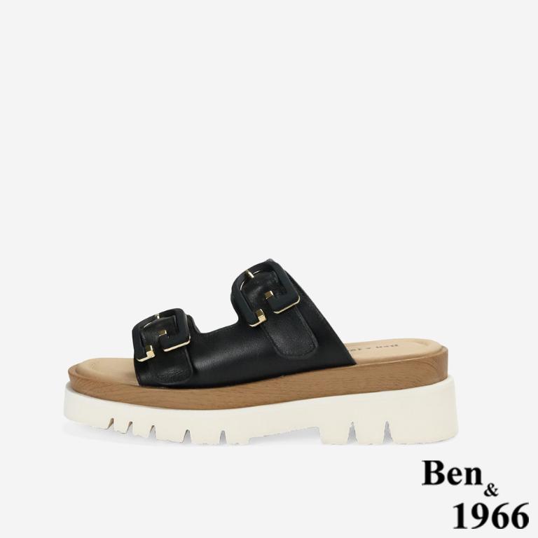 Ben&1966高級頭層牛皮休閒流行厚底拖鞋-黑(256081)