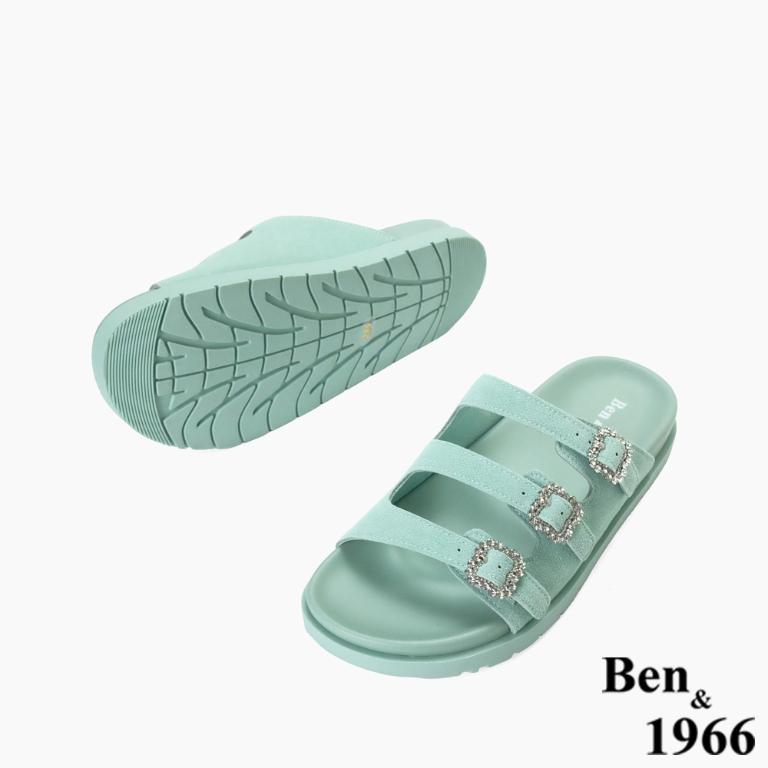 Ben&1966高級頭層牛皮經典鑽釦平底拖鞋-冰綠(256592)