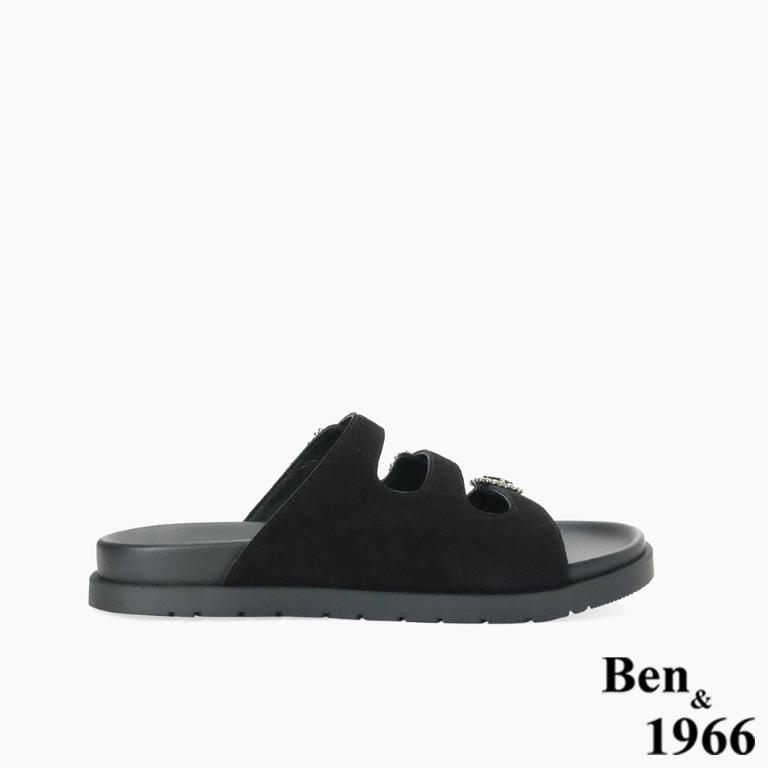 Ben&1966高級頭層牛皮經典鑽釦平底拖鞋-黑(256591)