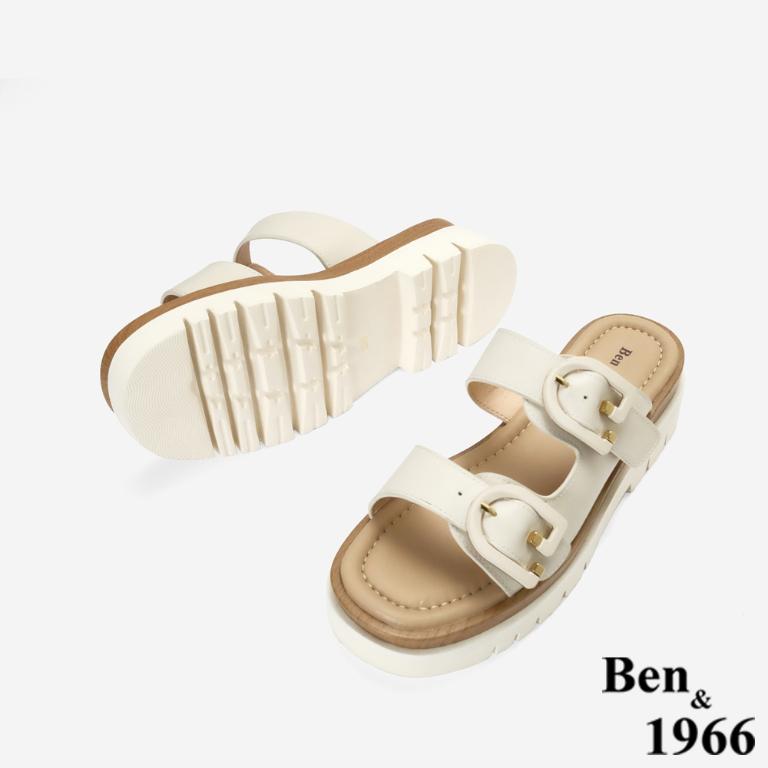 Ben&1966高級頭層牛皮休閒流行厚底拖鞋-米白(256082)