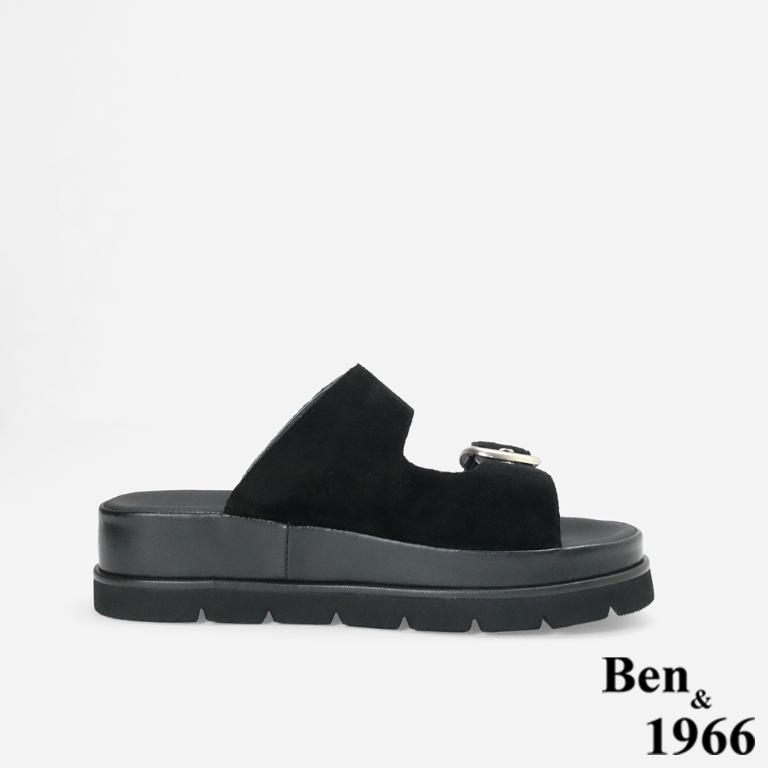 Ben&1966 高級頭層牛皮休閒百搭厚底拖鞋-黑(256091)