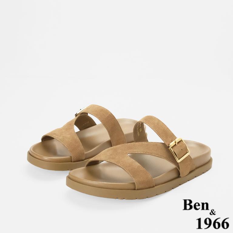 Ben&1966高級頭層牛皮休閒流行造型綁帶平底拖鞋-駝(256622)
