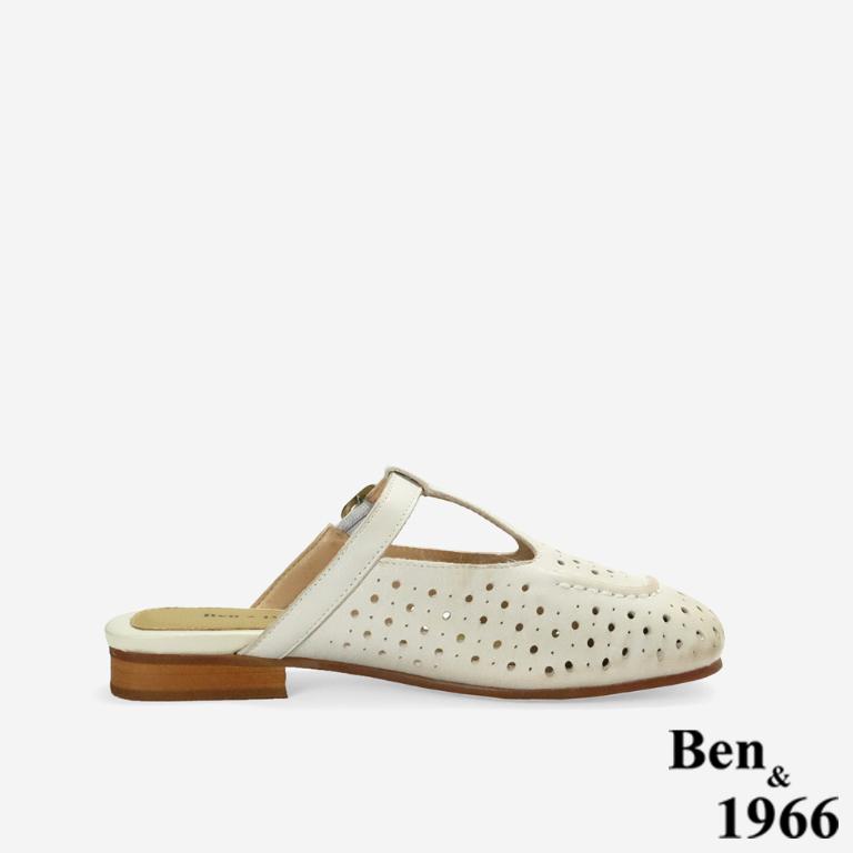Ben&1966高級頭層打蠟羊皮沖孔復古穆勒鞋-米白(256342)