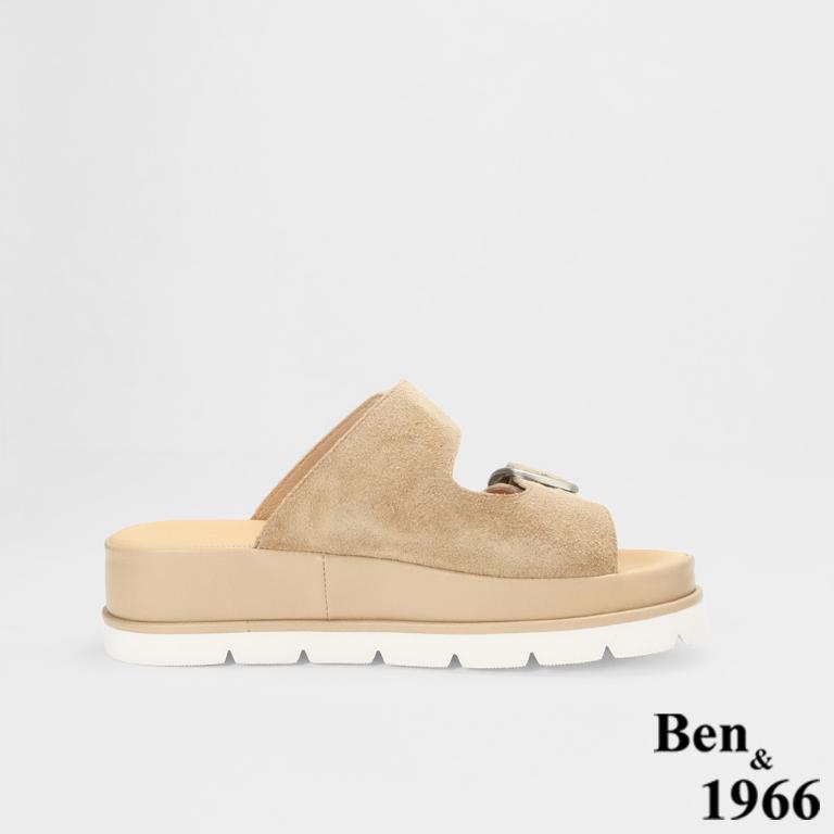Ben&1966高級頭層牛皮休閒百搭厚底拖鞋-杏(256092)