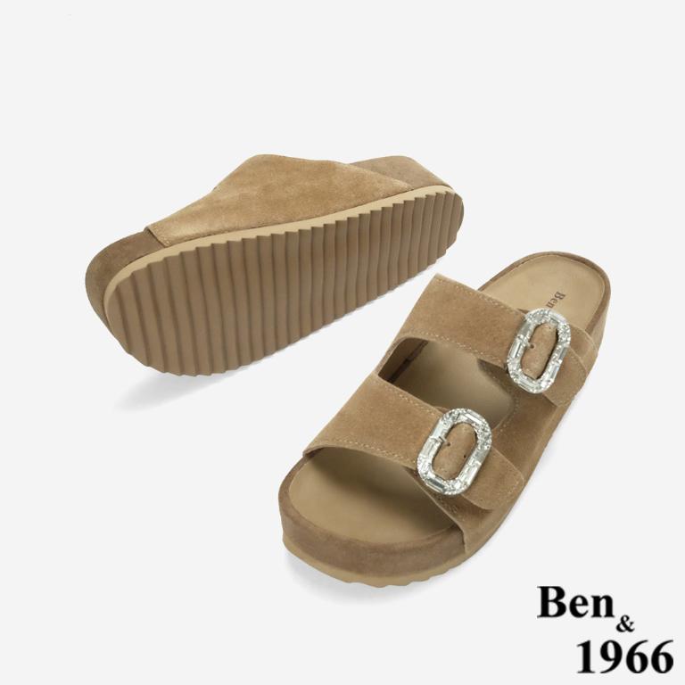 Ben&1966高級頭層牛皮厚底鑽釦休閒拖鞋-卡其(256492)