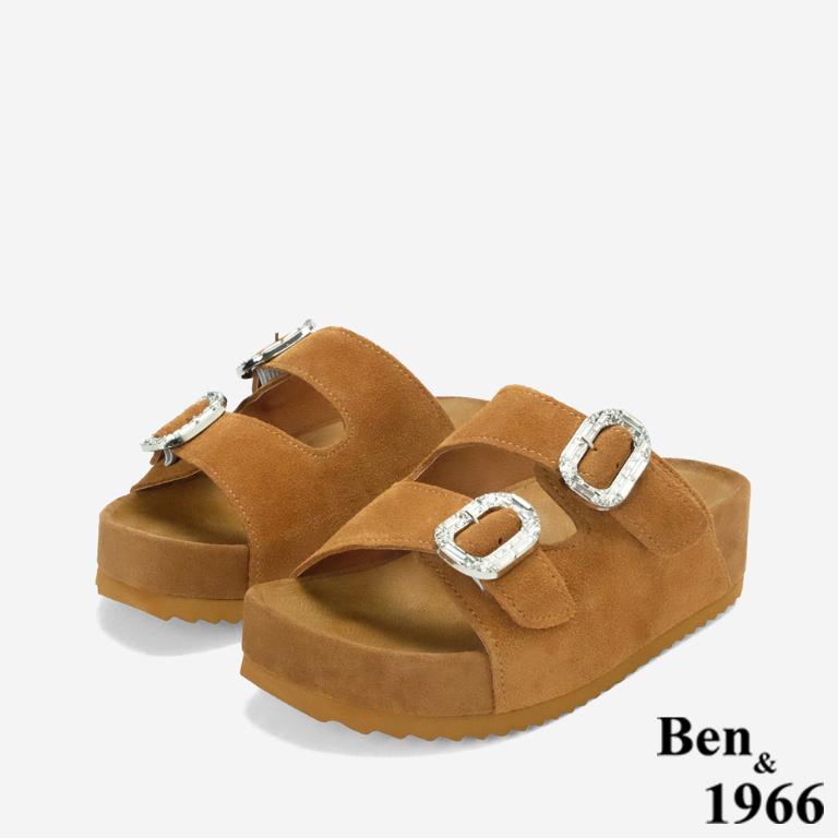 Ben&1966高級頭層牛皮厚底鑽釦休閒拖鞋-土黃(256491)