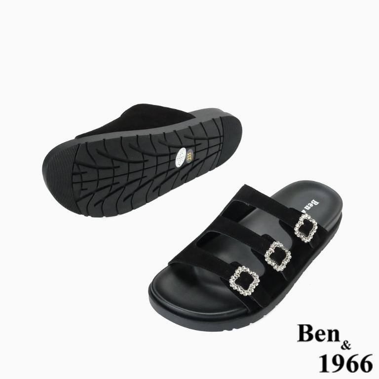 Ben&1966高級頭層牛皮經典鑽釦平底拖鞋-黑(256591)