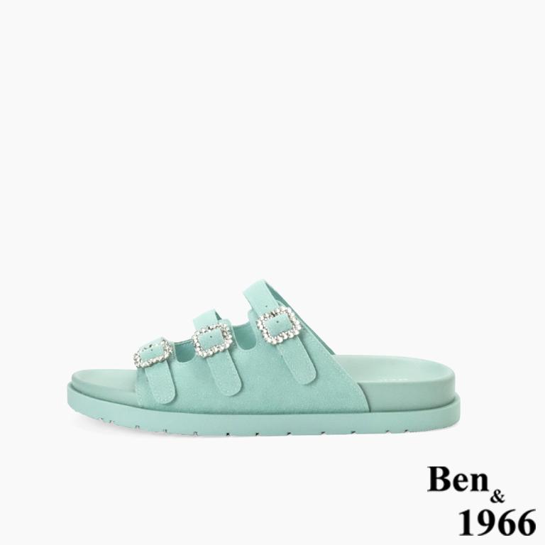 Ben&1966高級頭層牛皮經典鑽釦平底拖鞋-冰綠(256592)