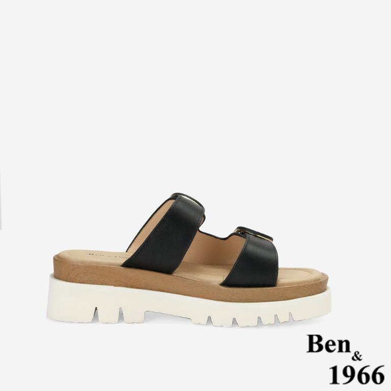 Ben&1966高級頭層牛皮休閒流行厚底拖鞋-黑(256081)