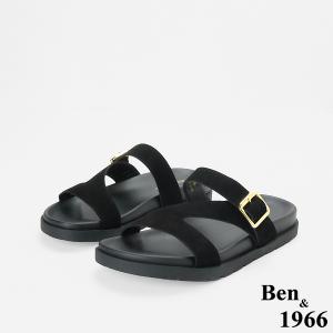 Ben&1966高級頭層牛皮休閒流行造型綁帶平底拖鞋-黑(256621)
