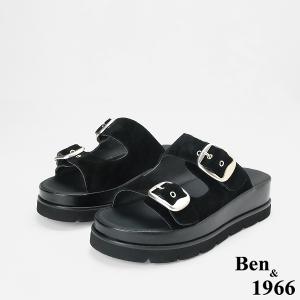Ben&1966 高級頭層牛皮休閒百搭厚底拖鞋-黑(256091)