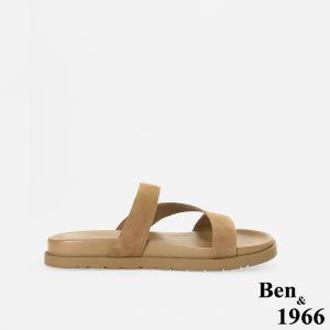 Ben&1966高級頭層牛皮休閒流行造型綁帶平底拖鞋-駝(256622)
