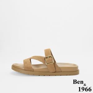 Ben&1966高級頭層牛皮休閒流行造型綁帶平底拖鞋-駝(256622)
