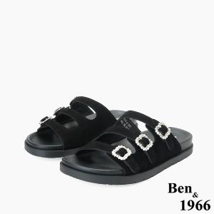 Ben&1966高級頭層牛皮經典鑽釦平底拖鞋-黑(256591)