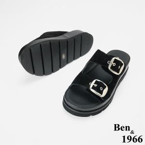 Ben&1966 高級頭層牛皮休閒百搭厚底拖鞋-黑(256091)