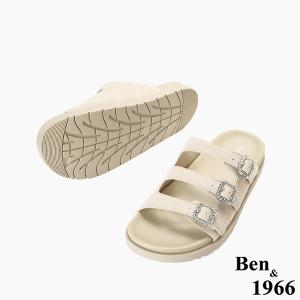 Ben&1966高級頭層牛皮經典鑽釦平底拖鞋-杏(256593)