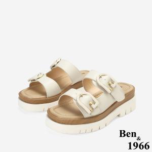 Ben&1966高級頭層牛皮休閒流行厚底拖鞋-米白(256082)